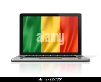 Mali-Flagge auf Laptop-Bildschirm isoliert auf weiß. 3D-Illustrationen rendern. Mali-Flagge auf Laptop-Bildschirm isoliert auf weiß. 3D-Abbildung Stockfoto