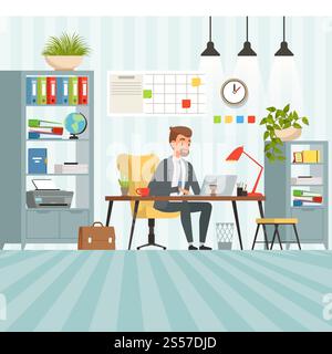 Arbeitsbereich eines geschäftigen Geschäftsmannes. Vorgesetzter oder Unternehmensleiter sitzt am Tisch. Geschäftsmann Manager im Büro, Geschäftsleiter beschäftigt sich mit Illustrationsvektor für den Arbeitsbereich. Arbeitsbereich eines geschäftigen Geschäftsmannes. Vorgesetzter oder Unternehmensleiter sitzt am Tisch Stock Vektor