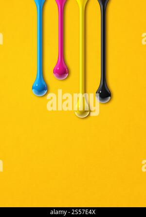 3D cmyk-Tintentropfen isoliert auf gelbem Papierhintergrund. Abbildung. cmyk-Tinte tropft auf gelbem Papierhintergrund Stockfoto