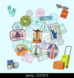 Vektor-Konzept Illustration mit Postmarken und Einwanderungsmarken auf der ganzen Welt und Cartoon Gepäck, Kamera und Flip Flops. Reisepassstempel für Tourismus und Reiseanschaulichung. Vektor-Konzept Illustration mit Postmarken und Einwanderungsmarken auf der ganzen Welt und Cartoon Gepäck, Kamera und Flip Flops Stock Vektor