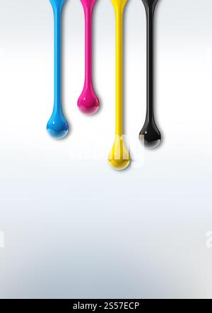 3D cmyk-Tintentropfen isoliert auf weißem Papierhintergrund. Abbildung. cmyk-Tinte tropft auf weißem Papierhintergrund Stockfoto