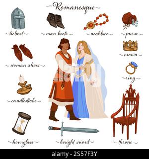 Bräuche und Traditionen der romanik, isolierter Mann und Frau in Kleidung alter Zeiten und Epochen. Ring und Halskette, Schuhe und Stockfoto