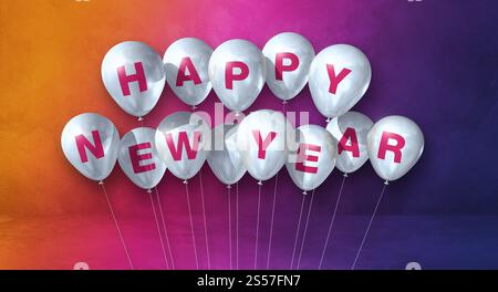 Weiße Happy New Year Ballons auf Regenbogenhintergrund. Horizontales Banner. 3D-Illustrationen rendern. Weiße Ballons für das neue Jahr auf einem Regenbogen Stockfoto