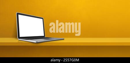 Laptop-Computer auf gelbem Hintergrund-Banner. 3D-Abbildung. Laptop-Computer auf gelbem Hintergrund-Banner Stockfoto