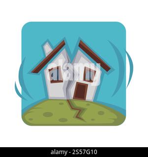Kleines Haus auf einem Hügel, das wegen eines starken Erdbebens in zwei Teilen ruiniert wurde. Schreckliche Konsequenz der Naturkatastrophe isolierte Zeichentrick-flache Vektor-Illustration der quadratischen Form auf weißem Hintergrund. Kleines Haus in zwei Teilen wegen starken Erdbebens ruiniert Stock Vektor