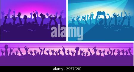 Menschliche Silhouetten in massiver Menge mit erhobenen Händen, die moderne Geräte in bunten Neon-Spots halten bei Konzert-Cartoon-flachen Vektor-Illustrationen Set. Die Leute haben Spaß bei der Musikvorführung. Menschliche Silhouetten in massiver Menge mit erhobenen Händen, die moderne Geräte in farbenfrohen Neonstrahlern halten, auf Konzert-Cartoon-flachen Vektor-Illustrationen Stock Vektor