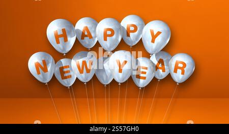 Weiße Ballons zum glücklichen neuen Jahr auf grünem Betonhintergrund. Horizontales Banner. 3D-Illustrationen rendern. Das weiße Happy New Year steht auf Stockfoto