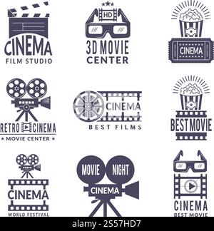 Cinema Labels Set. Abzeichen mit schwarzen Bildern in der Kino- und Videoproduktionsbranche. Videokamera für Kinoproduktion, Studiozentrum, Filmfestival-Label. Vektorabbildung. Cinema Labels Set. Abzeichen mit schwarzen Bildern in der Kino- und Videoproduktionsbranche Stock Vektor