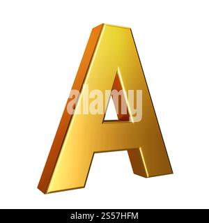 Goldene Schriftart. Buchstabe A isoliert auf weißem Hintergrund mit Beschneidungspfad. 3D-Abbildung. Stockfoto