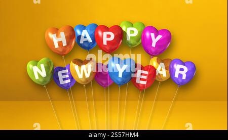 Farbenfrohe Ballons in Herzform auf gelbem Betonhintergrund. Horizontales Banner. 3D-Illustrationen rendern. Farbenfroher Happy New Year Stockfoto