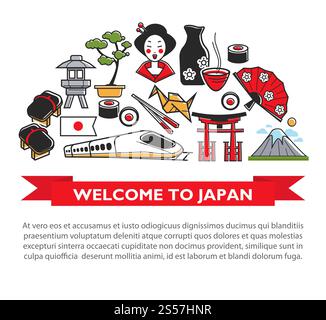 Willkommen bei Japan-Reiseplakat mit berühmten japanischen Wahrzeichen und kulturellen Sehenswürdigkeiten. Vektor Japanische Flagge, Mount Fuji und Geisha Frau Kimono, Sushi Essen Essstäbchen. Willkommen im Japan-Reiseposter mit berühmten Sehenswürdigkeiten und Sehenswürdigkeiten der japanischen Kultur Stock Vektor