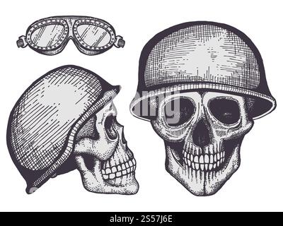 Vintage-Biker menschliche Schädel isoliert auf weißem Hintergrund. Vektorabbildung. Vintage-Biker menschliche Schädel isoliert auf weißem Hintergrund Stock Vektor