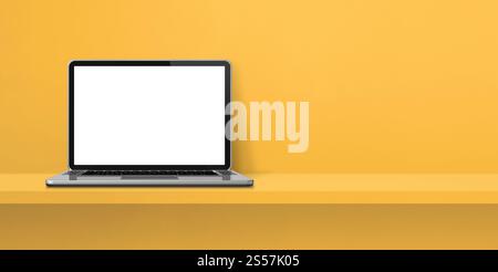 Laptop-Computer auf gelbem Hintergrund-Banner. 3D-Abbildung. Laptop-Computer auf gelbem Hintergrund-Banner Stockfoto