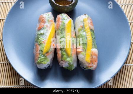 Ein Teil von Nem Cuon, vietnamesische frische Frühlingsrollen aus nächster Nähe auf einem graublauen Teller Stockfoto