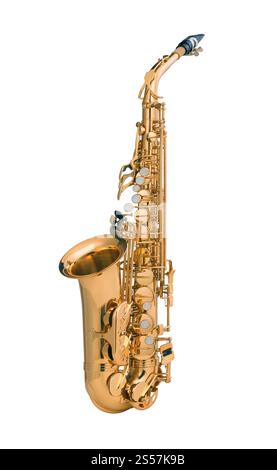 Tenorsax Goldenes Saxophon isoliert auf weißem Hintergrund. Tenorsax Goldenes Saxophon Stockfoto