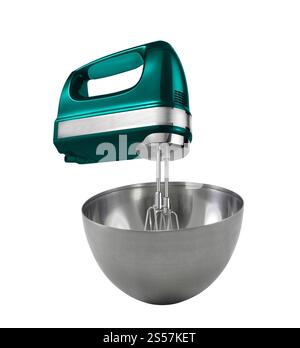 Elektrischer Handmixer der Küche isoliert auf weißem Hintergrund. Elektrischer Handmixer in der Küche Stockfoto
