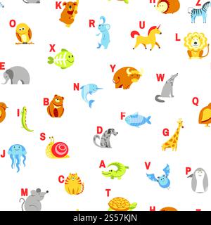 Alphabettiere und Buchstaben Untersuchungsmaterial für Kindervektor. U für Einhorn, Hund und Igel, Maus und Katze, Fisch und Schildkröte, Schnecke und Alligator. Nahtloses Muster mit abc für kleine Kinder zum Lernen. Alphabettiere und Buchstaben Untersuchungsmaterial für Kindervektor. U für Einhorn, Hund und Igel, Maus und Katze, Fisch und Schildkröte, Schnecke und Alligator. Stock Vektor
