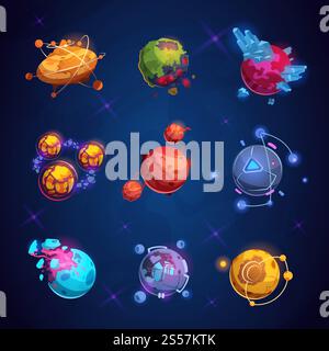 Fantasy-Cartoon-Planet. Fantastische außerirdische Planeten. Vektorelemente der Weltraumwelt. Galaxy Space Fantastic Planet für gui-Illustration. Fantasy-Cartoon-Planet. Fantastische außerirdische Planeten. Vektorelemente der Weltraumwelt Stock Vektor