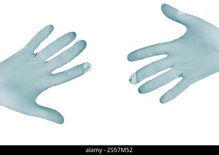 Blaue Operationshandschuhe isoliert auf weißem Hintergrund. Blaue Operationshandschuhe Stockfoto