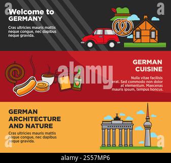 Willkommen in Deutschland Werbebanner mit nationaler Küche und Architektur. Leckeres Essen, authentische Gebäude und nationale Symbole Vektor-Illustrationen auf Werbespots von Reisen in ein europäisches Land. Willkommen in Deutschland Werbebanner mit nationaler Küche und Architektur Stock Vektor