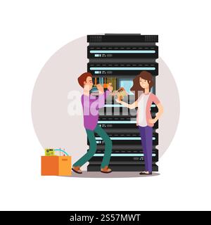 Zeichentrickfiguren männliche und weibliche Computertechniker. Serveradministratoren arbeiten zusammen. Vektorabbildung. Computertechniker für Zeichentrickfiguren Stock Vektor