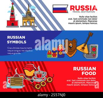Werbeplakate für Reiseziele Russland mit Ländersymbolen und Lebensmitteln. Authentische Architektur, nationale Attribute und köstliche Küche auf Reisebüro Banner Cartoon Vektor Illustrationen.. Werbeplakate für Reiseziele Russland mit Ländersymbolen und Lebensmitteln Stock Vektor