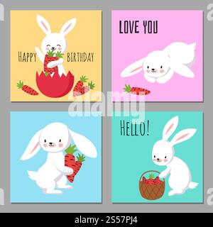 Druckbare Kartensammlung mit Häschen mit Karikaturcharakter und Karotten. Vektorabbildung. Druckbare Karten mit Karikaturenhasen mit Karotten Stock Vektor