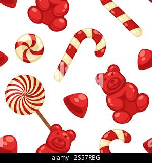 Köstliche süße Süßigkeiten in hellen Covern und Lutscher in Form von niedlichen Herzen, gestreiftem Stock und kleinen Teddy in nahtlosem Muster isolierte Zeichentrick flache Vektor-Illustrationen in Quadraten.. Köstliche süße Süßigkeiten in hellen Deckeln und Lutscher in Form von süßen Herzen, gestreiftem Zuckerrohr und kleinen Teddy in nahtlosem Muster isoliert Stock Vektor