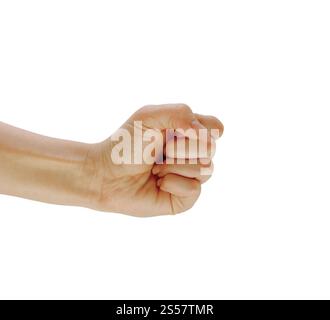 Rechte weibliche Hand isoliert auf weißem Hintergrund. Rechte Buchse, isoliert Stockfoto