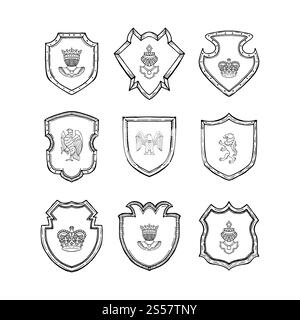 Vektor Hand gezeichnete Linie Heraldik der Set Illustration isoliert auf weiß. Vektorhandgezeichnete Heraldik-Illustration Stock Vektor