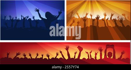 Menschliche Silhouetten in massiver Menge mit erhobenen Händen, die moderne Geräte in bunten Neon-Spots halten bei Konzert-Cartoon-flachen Vektor-Illustrationen Set. Die Leute haben Spaß bei der Musikvorführung. Menschliche Silhouetten in massiver Menge mit erhobenen Händen, die moderne Geräte in farbenfrohen Neonstrahlern halten, auf Konzert-Cartoon-flachen Vektor-Illustrationen Stock Vektor