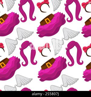 Karnevalsmasken und Kostümzubehör nahtloses Muster. Vektor flache Symbole Set aus Geburtstagsfeier Karnevalsmaske, Hexenhut und Perücke, Engelsflügel oder lustige Nase oder Schnurrbart Brille, Hasenohren und Zauberhut. Karnevalsmasken und Kostümzubehör nahtloses Muster. Stock Vektor