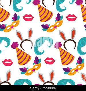 Karnevalsmasken und Kostümzubehör nahtloses Muster. Vektor flache Symbole Set aus Geburtstagsfeier Karnevalsmaske, Hexenhut und Perücke, Engelsflügel oder lustige Nase oder Schnurrbart Brille, Hasenohren und Zauberhut. Karnevalsmasken und Kostümzubehör nahtloses Muster. Stock Vektor
