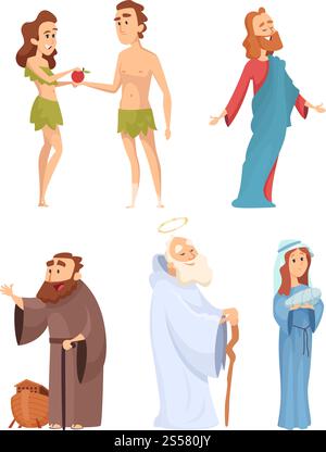 Historische Charaktere der Bibel. Vektormaskottchen in verschiedenen Posen. Illustration der Charakterbibel Eve und adam, Jungfrau maria und noah. Historische Charaktere der Bibel. Vektormaskottchen in verschiedenen Posen Stock Vektor