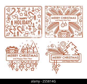 Frohe Weihnachten monochrome Skizzen mit Geschenken und Symbolen Vektor. Schilder für Winterferien, Glocken und Spielzeug, hausgemachte Kekse, Weihnachtsgebäck und Geschenke. Kiefer mit leuchtenden Girlanden dekoriert. Frohe Weihnachten monochrome Skizzen mit Geschenken und Symbolen Vektor. Stock Vektor