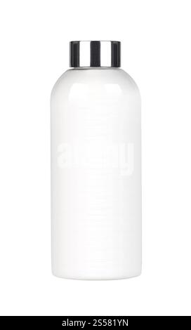 Weiße Kosmetikflasche aus Kunststoff isoliert auf weiß. Weiße Kosmetikflasche aus Kunststoff Stockfoto