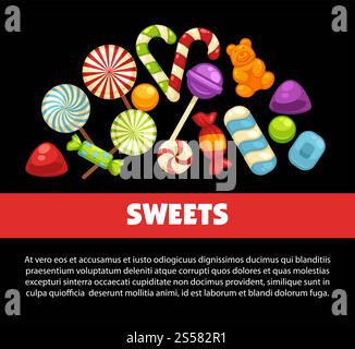Poster mit Süßigkeiten und Karamellbonbons für Süßwaren oder Süßigkeiten. Vektor-Ikonen von Marmeladenbären, Lollipops, Zuckerlutscher oder harten Süßigkeiten und Toffee Comfits und Bonbonbonbons. Poster mit Süßigkeiten und Karamellbonbons für Süßwaren oder Süßigkeiten. Stock Vektor