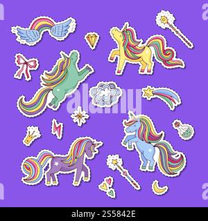 Vektor nette Hand gezeichnete magische Einhörner und Sterne Aufkleber Set Illustration. Einhorn- und Regenbogenaufkleber. Vektor nette Hand gezeichnete magische Einhörner und Sterne Aufkleber Set Illustration Stock Vektor