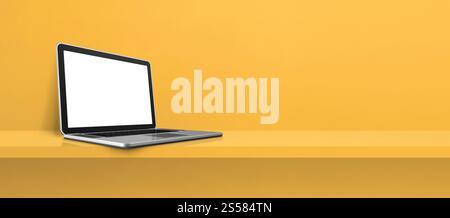 Laptop-Computer auf gelbem Hintergrund-Banner. 3D-Abbildung. Laptop-Computer auf gelbem Hintergrund-Banner Stockfoto