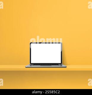 Laptop auf gelbem Regal. Quadratischer Hintergrund. 3D-Abbildung. Laptop auf gelbem Regal. Quadratischer Hintergrund Stockfoto