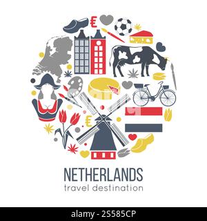 Niederlande Wanderskizze für Touristen mit traditionellen Symbolen in runder Form isoliert auf weiß. Sammlung von farbenfrohen Schildern, die den nationalen Geist des Landes, Traditionen und alltäglichen Lebensstil zeigen. Niederlande Wanderskizze für Touristen mit traditionellen Symbolen Stock Vektor
