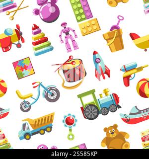 Nahtloses Muster für Vektorsymbole für Kinder. Kinderspielzeug-Set für Mädchen und Jungen im Kindergarten. Flacher Teddybär, Pyramide und Fahrrad, Rakete, Ball und Zug. Nahtloses Muster für Vektorsymbole für Kinder. Kinderspielset Stock Vektor