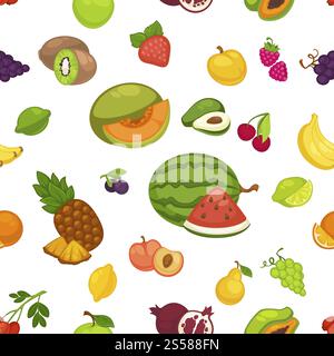 Bananen- und Wassermelonen-, Kirsch- und Ananasfrüchte nahtloses Muster isoliert auf weißem Hintergrund. Avocado und Pfirsiche, Äpfel und Granatäpfel, Kiwi und Erdbeeren mit Himbeeren Set Vektor. Nahtloses Muster aus Bananen- und Wassermelonen, Kirschen- und Ananasfrüchten Stock Vektor