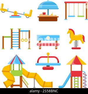 Flache Illustrationen von Kinderspielplatz mit verschiedenen Geräten. Schaukelausrüstung, Rutsche und Sandkasten, Wippe und Bank. Vektorabbildung. Flache Illustrationen von Kinderspielplatz mit verschiedenen Geräten Stock Vektor