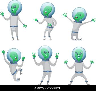Cartoon Aliens in verschiedenen Actionsposen. Humanoider Alien, lustiger Charakter, Vektor-Illustration. Cartoon Aliens in verschiedenen Actionsposen Stock Vektor