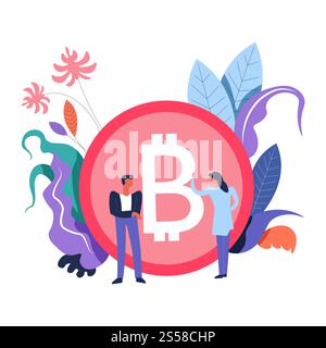 Verbesserung und Analyse von Bitcoin und Kryptowährungen durch Workers Vector. Männlich und weiblich arbeiten am Münzbild, überprüfen es. Blockchain-Technologie und dekorative Monsterablätter und Laub. Verbesserung und Analyse von Bitcoin und Kryptowährungen durch Workers Vector Stock Vektor