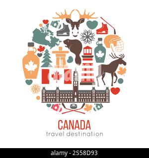 Kanada hat buntes Set in runder Form auf weiß. Vektorplakat mit Sehenswürdigkeiten und Gebäuden für Besuche, nationalen Speisen und Getränken, traditionellen Tieren, beliebten Symbolen für Sportausrüstung. Kanada hat buntes Set in runder Form auf weiß. Stock Vektor