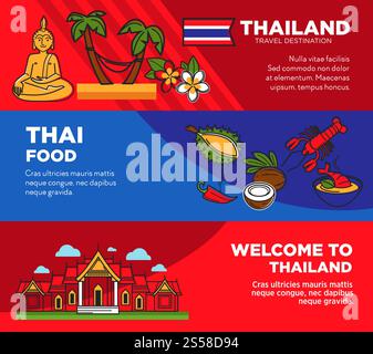 Werbeplakate für luxuriöses Resort im tropischen Thailand. Exotisches Essen und berühmte Attraktionen auf Reisebürobanner. Reise in heißes Land in der Nähe des Ozeans Vektor-Illustrationen.. Werbeplakate für luxuriöses Resort im tropischen Thailand Stock Vektor