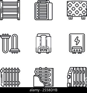 Symbolgruppe Heizung. Kontursatz von 9 Heizungsvektorsymbolen für Webdesign isoliert auf weißem Hintergrund. Symbolsatz Heizung, Umrissstil Stock Vektor