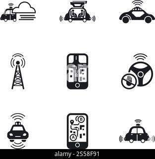 Symbolsatz für fahrerloses Fahrzeug. Einfacher Satz von 9 fahrerlosen Vektorsymbolen für Webdesign isoliert auf weißem Hintergrund. Fahrerloses Auto-Icon-Set, einfacher Stil Stock Vektor